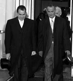 Vice President Nixon and Lyndon Johnson leave the White House for the Kennedy&#8211;Johnson inauguration