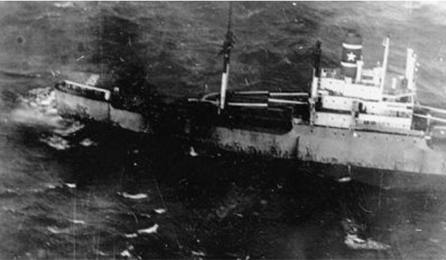 Fire on the deck of SS BADGER STATE on December 26, 1969. The bomb pallets broke loose during a stor