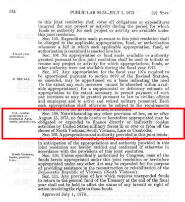 Case-Church Amendment&#58; U.S. House Code, Public Law 93-52, Section 108, July 1, 1973