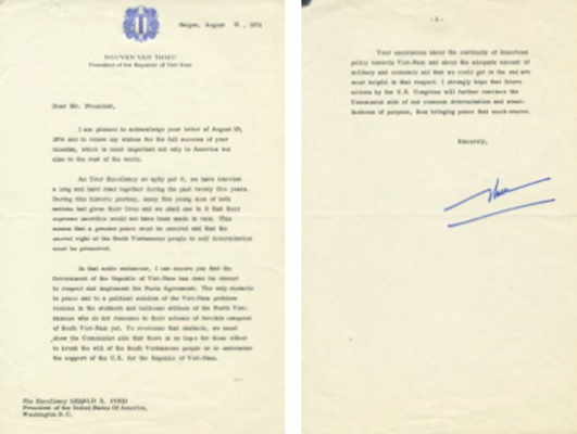 President Nguyen Van Thieu&#39;s Message to President Ford, August 21, 1974