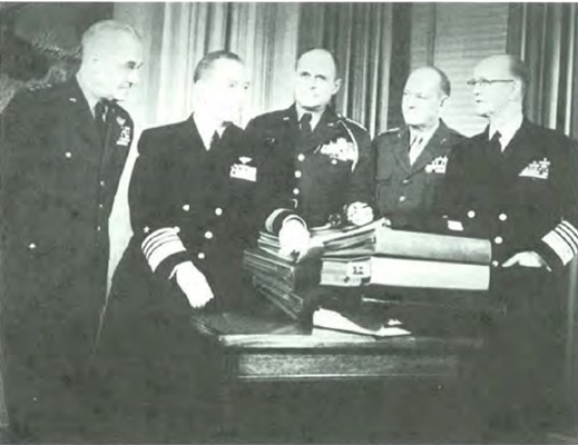 The Joint Chiefs of Staff&#58; General Twining , Admiral Radford, General Ridgway, General Shepherd, and
