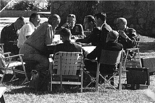 President Johnson meeting with Secretary McNamara and the Joint Chiefs at LBJ Ranch, December 1964.