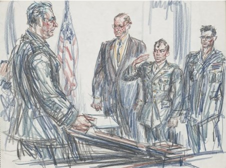 Calley salutes the president of the six-officer jury after the guilty verdict was announced, 29 Marc