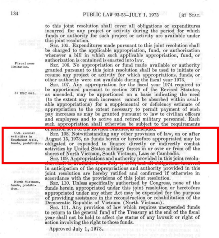 Case-Church Amendment&#58; U.S. House Code, Public Law 93-52, Section 108, July 1, 1973