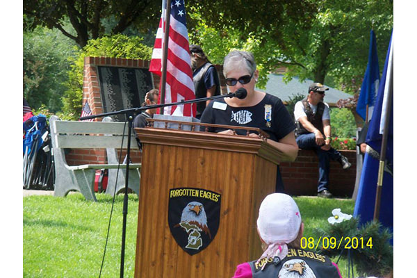 DAR Regent Candy Henderson speaking at the Forgotten Eagle Freedom Ride on August 9, 2014.