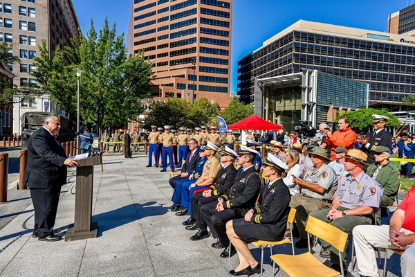 SECNAV, the Honorable Carlos Del Toro, speaks to a group during Philadelphia Navy Week.