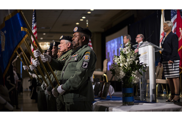 The Honor Guard of the Vietnam Veterans of America Chapter 451 present the colors.
