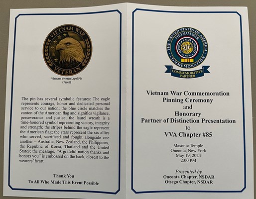 Honorary Partner ceremony for NY VVA Chapter 85 by the NY Oneonta and Otsego Chapters, NSDAR.