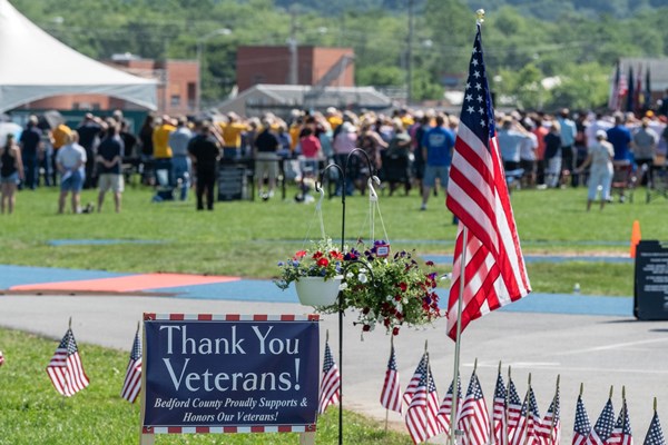 A sign and flags were positioned to thank veterans
