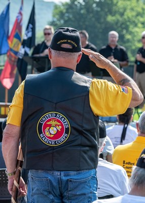 A Vietnam veteran salutes during the opening ceremonyThe_Wall_That_Heals_-_VV_saluting