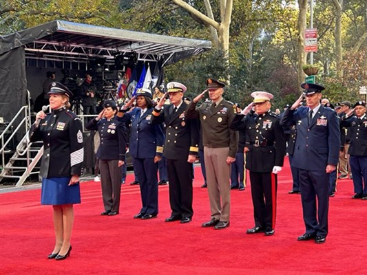 Military personnel salute.