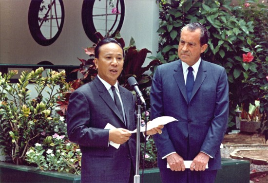 President Richard Nixon and South Vietnam's President Nguyen Van Thieu Making a Joint Statement at M