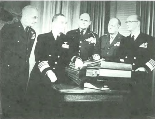 The Joint Chiefs of Staff: General Twining , Admiral Radford, General Ridgway, General Shepherd, and