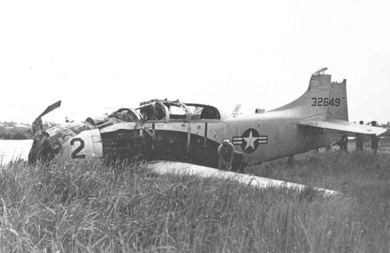 An A-1E Skyraider, similar to the plane flown by Captain Paul T. McClellan, Jr., that crash landed after being heavily damaged in combat in South Vietnam, March 1966. (U.S. Air Force)