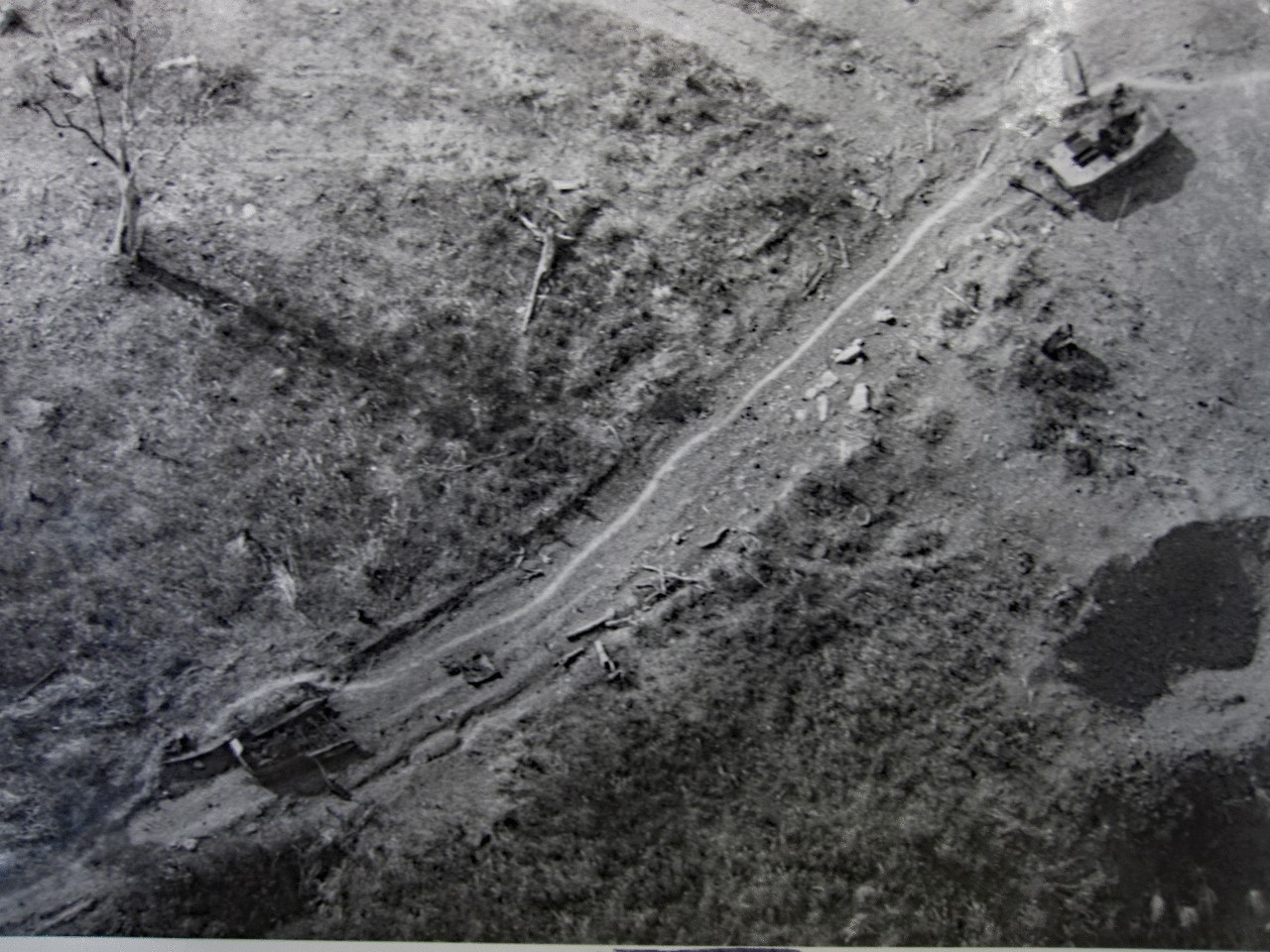 Aerial photograph from the aftermath of the battle of Lang Vei showing two destroyed North Vietnamese tanks, circa February 1968.
