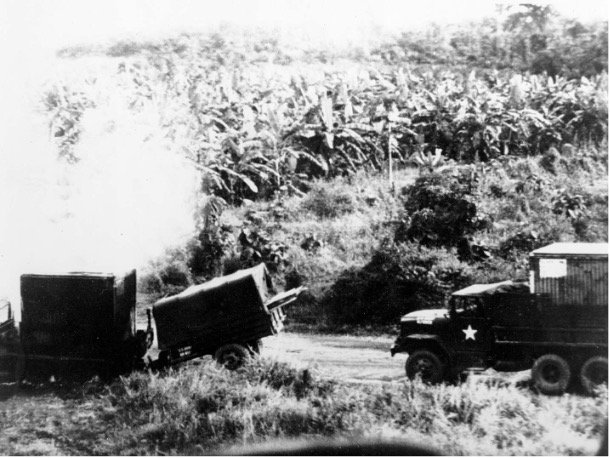 An Army convoy under attack along Highway 1 in South Vietnam, November 1966. (U.S. Army)