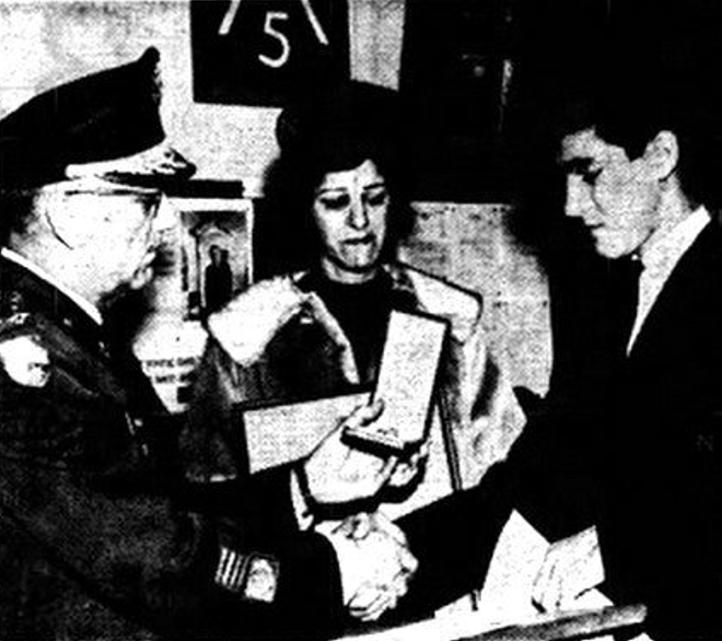 Another newspaper article (Hero's Legacy) of Stephen Bigley, 16, son of George C. Bigley, U.S. Army advisor killed in Vietnam, receives his father's medals from Colonel Howard C. Wright, commanding officer, 335th Regiment, 85th Division in ceremonies held in Chicago. Mrs. Helen Bigley the sergeant's wife looks on. (LIFE magazine photo)
