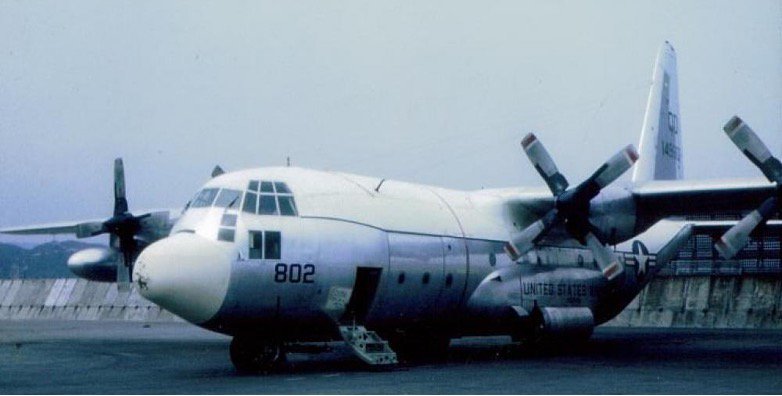 A photo of the U.S. Marine Corps C-130 Hercules, from Marine Aerial Refueler Transport Squadron 152, that crashed in Hong Kong on August 24, 1965. (Bureau of Aircraft Accidents)