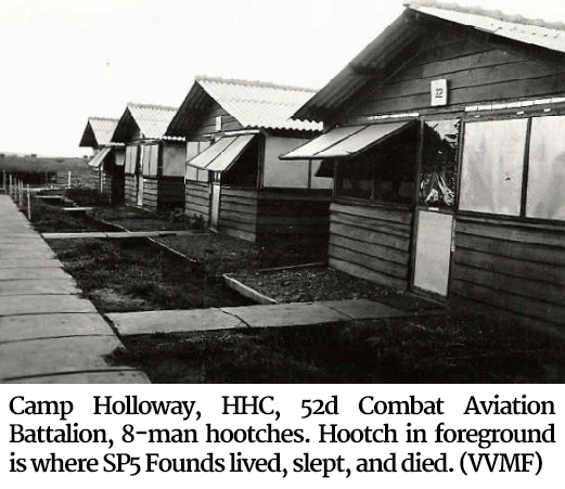 Photo of Camp Holloway, HHC, 52d Combat Aviation Battalion, 8-man hootches. Hootch in foreground is where SP5 Founds lived, slept, and died. (VVMF)