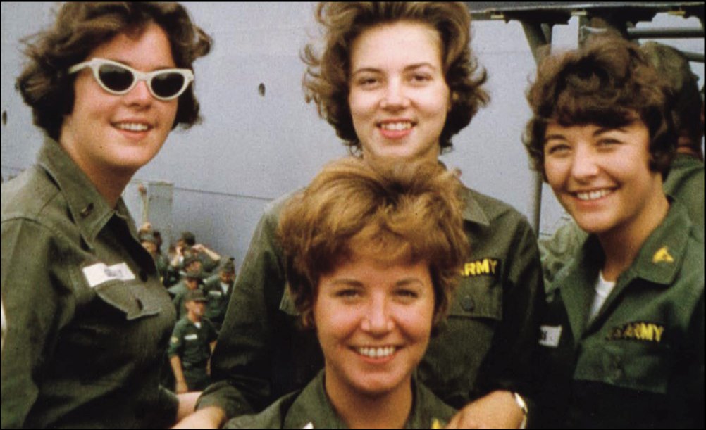 Four Army nurses assigned to the 85th Evacuation Hospital at Qui Nhon photographed on September 1, 1965. Pictured front: First Lieutenant Joan Schwerman; back, left to right: First Lieutenants Kathleen Gilluly, Sharon Forman (later Bystran), and Mary Rum (later Caspers).