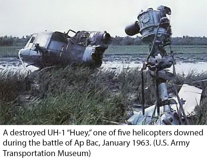 A destroyed UH-1 “Huey,” one of five helicopters downed during the battle of Ap Bac, January 1963. (U.S. Army Transportation Museum)