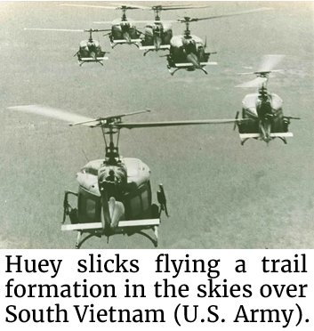 Photo of Huey slicks flying a trail formation in the skies over South Vietnam (U.S. Army)