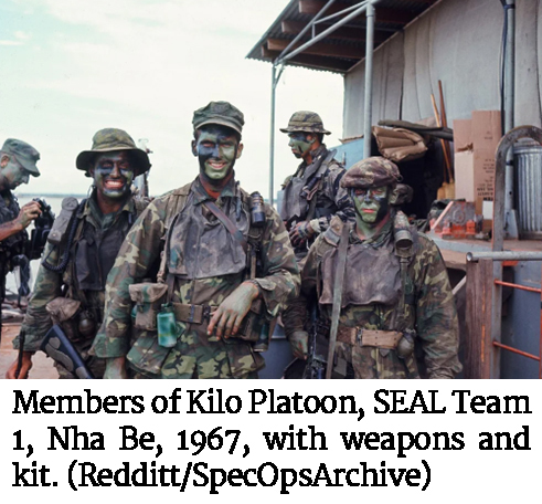 Photo of members of Kilo Platoon, SEAL Team 1, Nha Be, 1967, with weapons and kit. (Redditt/SpecOpsArchive)