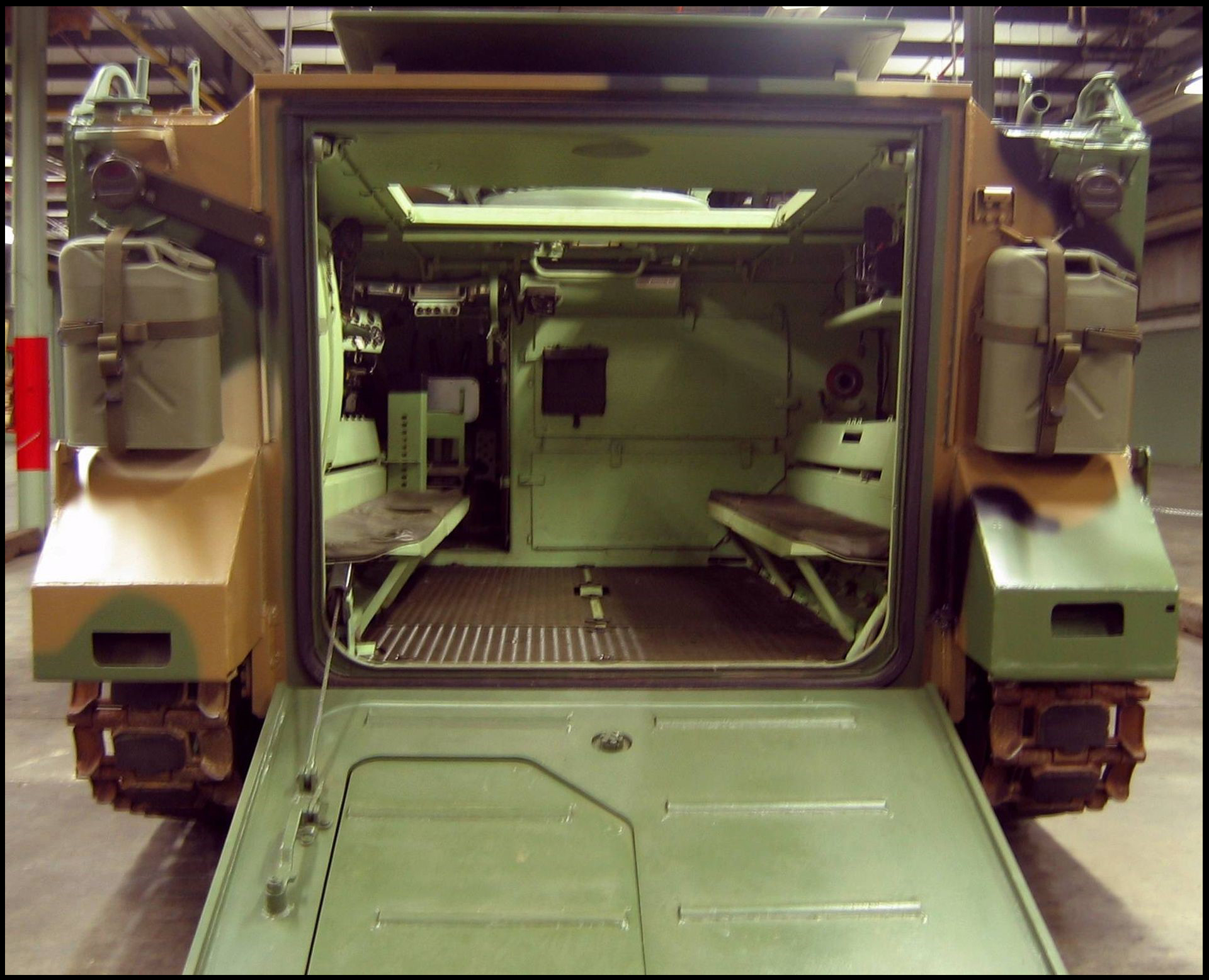 Photo shows the interior of an M-113 Armored Personnel Carrier