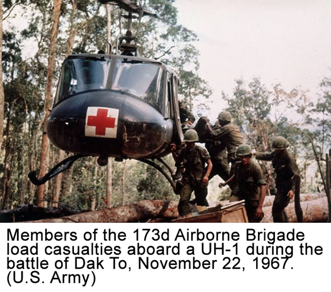 Members of the 173d Airborne Brigade load casualties aboard a UH-1 during the battle of Dak To, November 22, 1967 (U.S. Army)