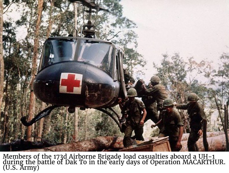 Members of the 173d Airborne Brigade load casualties aboard a UH-1 during the battle of Dak To in the early days of Operation MACARTHUR. (U.S. Army)