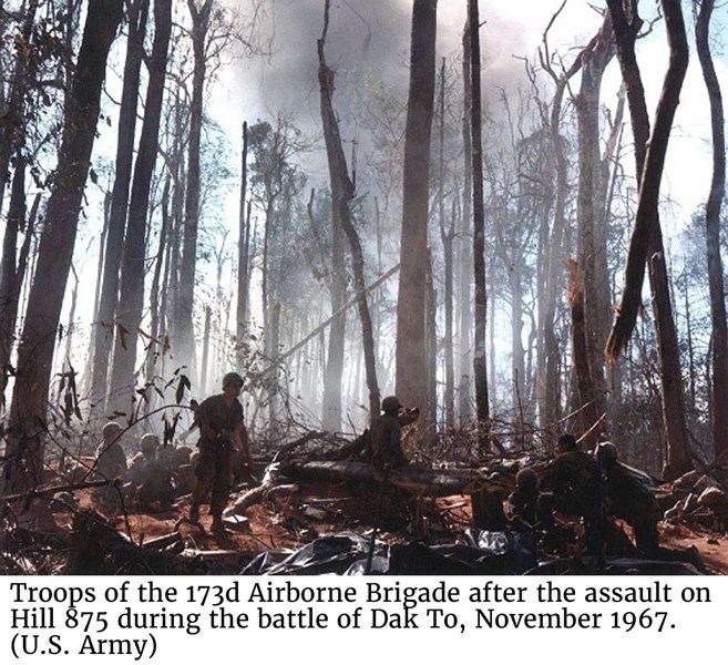 Troops of the 173d Airborne Brigade after the assault on Hill 875 during the battle of Dak To, November 1967. (U.S. Army)