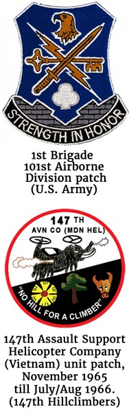 Combined graphic image of the 1st Brigade 101st Airborne Division (U.S. Army) patch and the 147th Assault Support Helicopter Company Vietnam) unit patch, November 1965 till July/Aug 1966. (147th Hillclimbers).