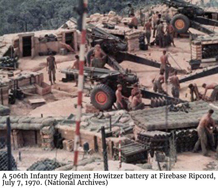 A 506th Infantry Regiment Howitzer battery at Firebase Ripcord, July 7, 1970. (National Archives)