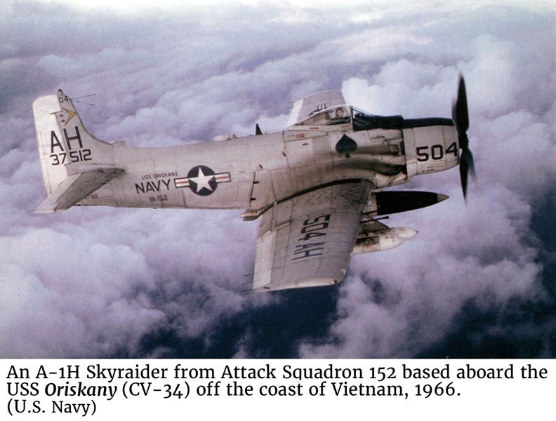 An A-1H Skyraider from Attack Squadron 152 based aboard the USS Oriskany (CV-34) off the coast of Vietnam, 1966. (U.S. Navy)
