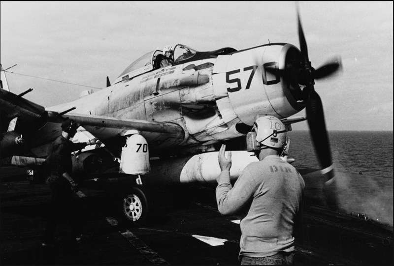 An A-1 Skyraider about to launch from the deck of the USS Hancock, May 6, 1966. (U.S. Navy)