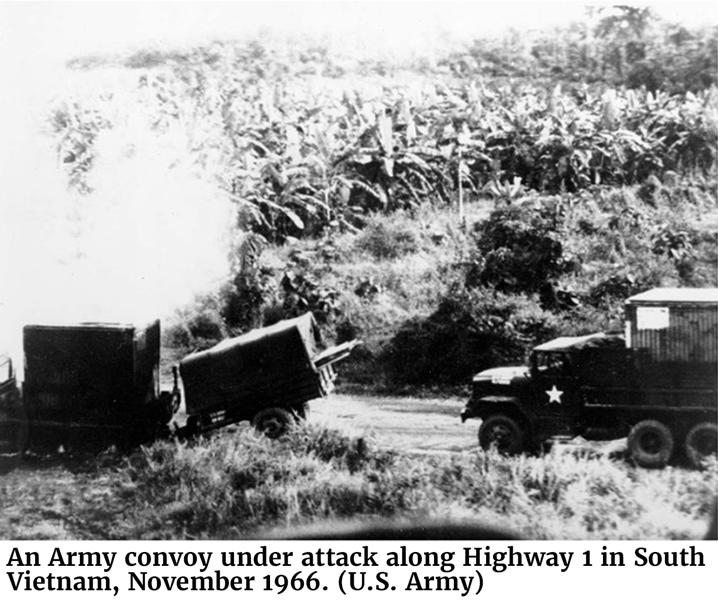 An Army convoy under attack along Highway 1 in South Vietnam, November 1966. (U.S. Army)