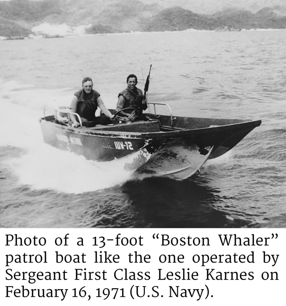 Photo of Photo of a 13-foot “Boston Whaler” patrol boat like the one operated by Sergeant First Class Leslie L. Karnes on February 16, 1971. (U.S. Navy)