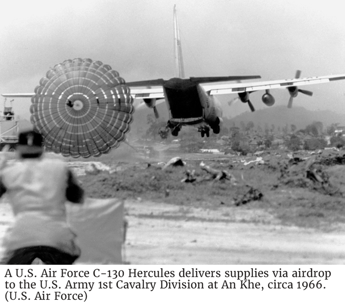 A U.S. Air Force C-130 Hercules delivers supplies via airdrop to the U.S. Army 1st Cavalry Division at An Khe, circa 1966. (U.S. Air Force)