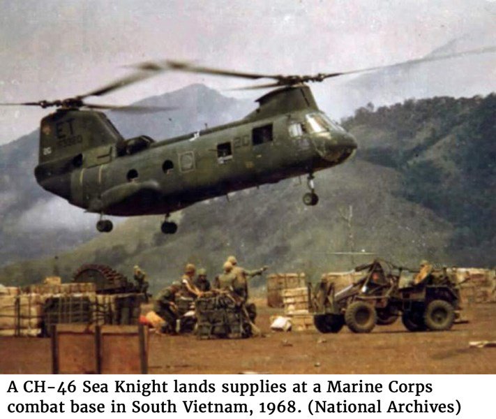 A CH-46 Sea Knight lands supplies at a Marine Corps combat base in South Vietnam, 1968. (National Archives)