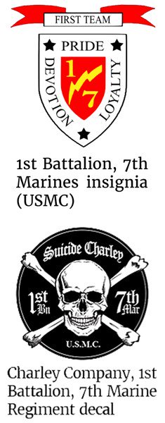 Composite graphic of the 1st Battalion, 7th Marines insignia (top) and the Charley Company, 1st Battalion, 7th Marine Regiment decal below it. 