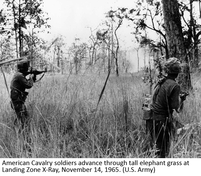 American Cavalry soldiers advance through tall elephant grass at Landing Zone X-Ray, November 14, 1965. (U.S. Army)