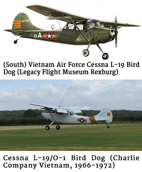 Two images of the South Vietnamese Air Force Cessna L-19 Bird Dog (Legacy Flight Museum Rexburg) (top) and the Cessna L-19/O-1 Bird Dog (Charlie Company Vietnam, 1966-1972) (bottom).