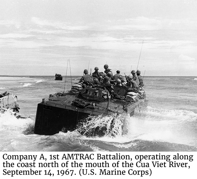 Company A, 1st AMTRAC Battalion, operating along the coast north of the mouth of the Cua Viet River, September 14, 1967. (U.S. Marine Corps)