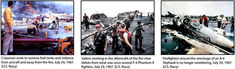 Three photos: first photo is of crewmen working to remove fuel tanks and ordnance from aircraft and away from the fire, July 29, 1967; second is of sailors working in the aftermath of the fire clear debris from what was once several F-4 Phantom II fighters, July 29, 1967; third is of firefighters ensuring the wreckage of an A-4 Skyhawk is no longer smoldering, July 29, 1967.  