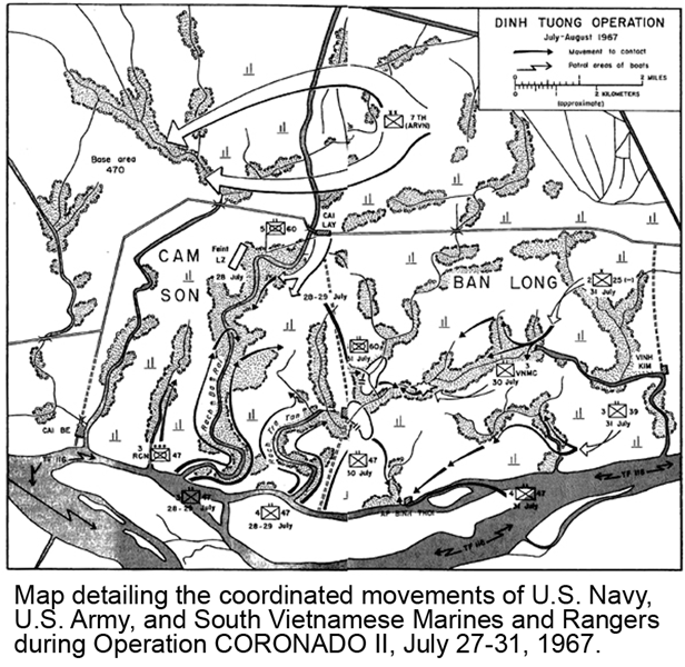 Map detailing the coordinated movements of U.S. Navy, U.S. Army, and South Vietnamese Marines and Rangers during Operation CORONADO II, July 27-31, 1967.