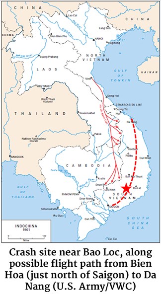 Map of the crash site near Bao Loc, along a possible flight path from Bien Hoa (just north of Saigon) to Da Nang. (U.S. Army/VWC)