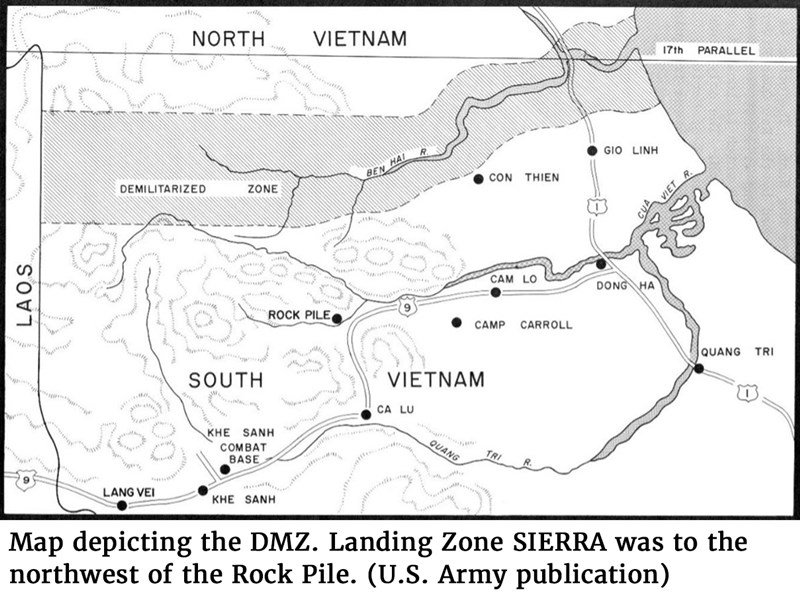 Map depicting the DMZ. Landing Zone SIERRA was to the northwest of the Rock Pile. (U.S. Army publication)