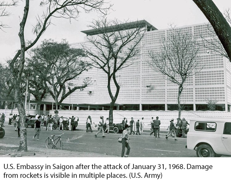 U.S. Embassy in Saigon after the attack of January 31, 1968. Damage from rockets is visible in multiple places. (U.S. Army)