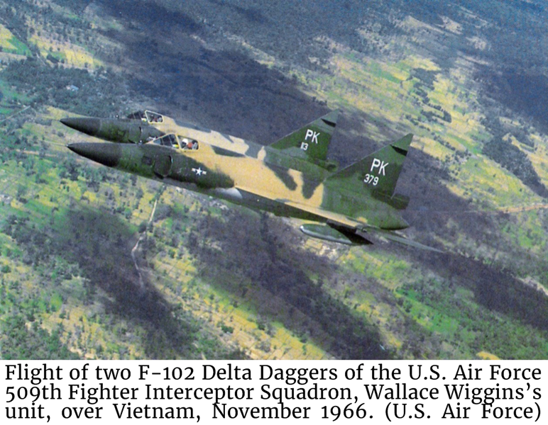 Photo of Flight of two F-102 Delta Daggers of the U.S. Air Force 509th Fighter Interceptor Squadron, over Vietnam, November 1966. 