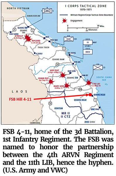 Map of the FSB 4-11, home of the 3d Battalion, 1st Infantry Regiment. The FSB was named to honor the partnership between the 4th ARVN Regiment and the 11th LIB, hence the hyphen. (U.S. Army and VWC)